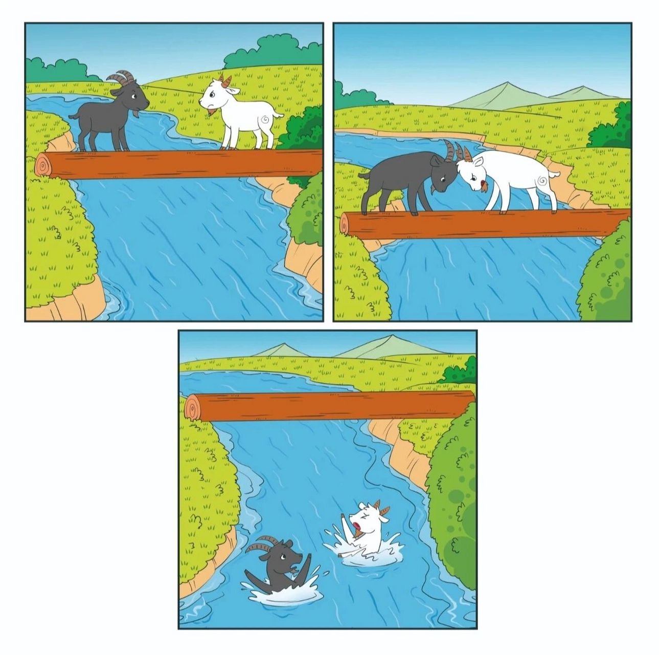 看图写话 两只山羊过桥 晴空万里的一天,一只白羊和一只黑羊在小河的