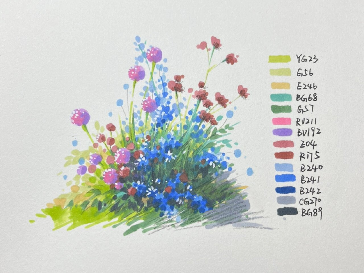 马克笔花系列|乒乓菊花丛 教程 一丛蓝紫色系小花花 步骤图放在后面啦