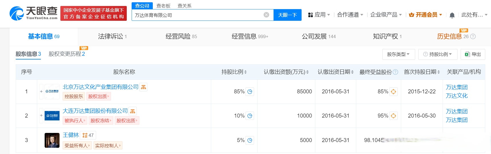 有限公司新增一条股权冻结信息,股权被执行的企业为万达体育有限公司