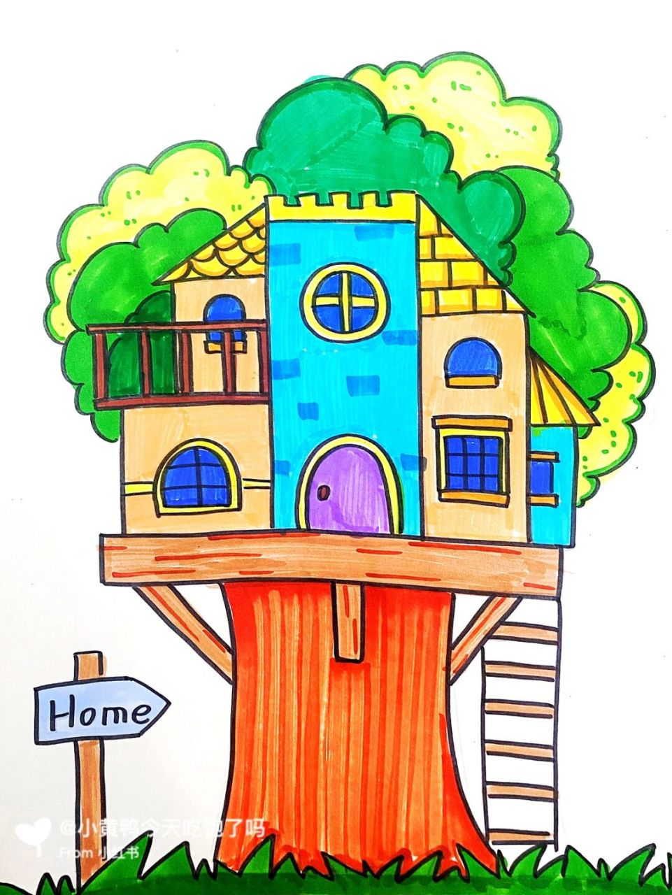 树屋儿童画 #卡通画# #马克笔# #儿童画# #树屋创意画