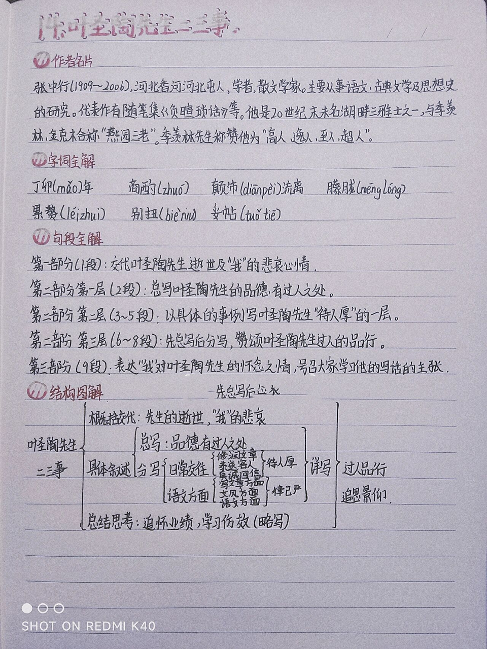 《叶圣陶先生二三事》预习笔记 求笔记配色有小姐姐告诉我吗