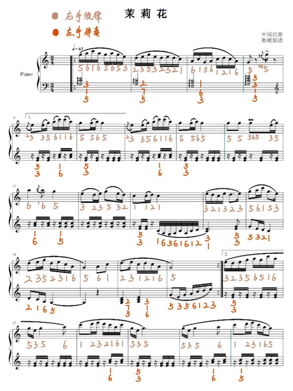 适合初学者弹的《茉莉花》钢琴谱(附简谱)
