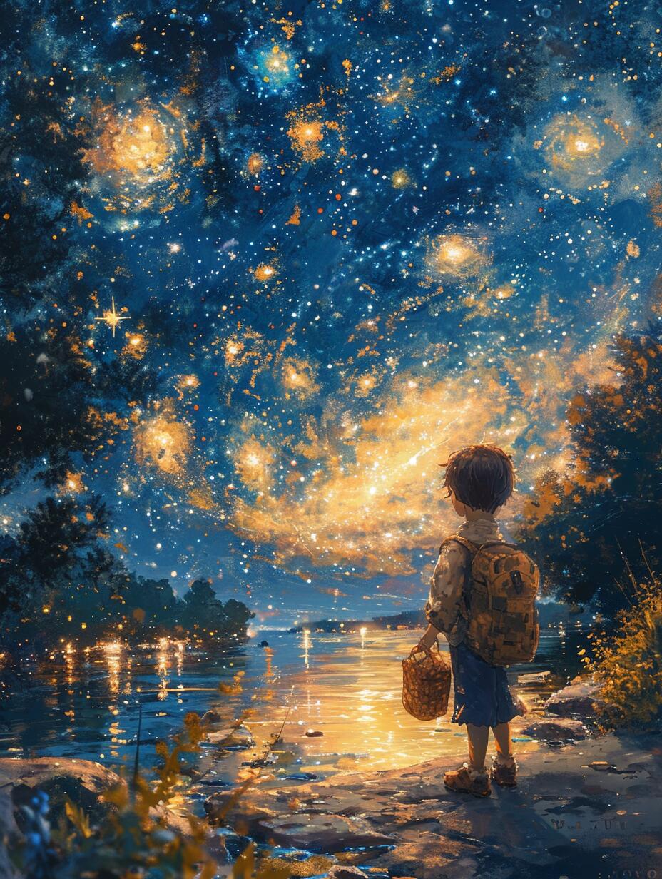 在星空下,一个小男孩的背影显得格外孤独 他抬头仰望星空,似乎在寻找