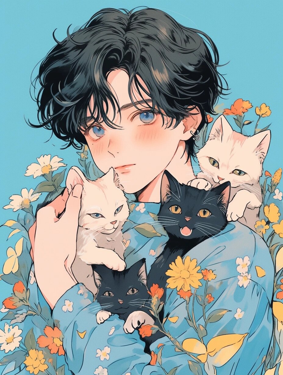 温柔青色 | 抱猫男生头像