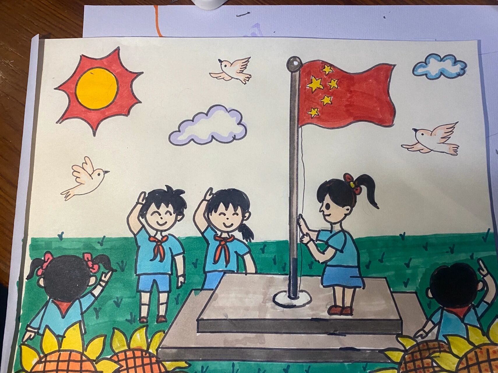 小学生美术画升国旗图片
