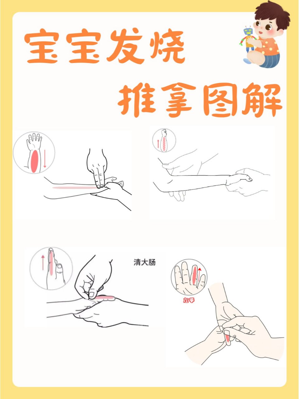 宝宝发热推拿手法 73清天河水 	 位置:前臂正中,从腕横纹中点到肘