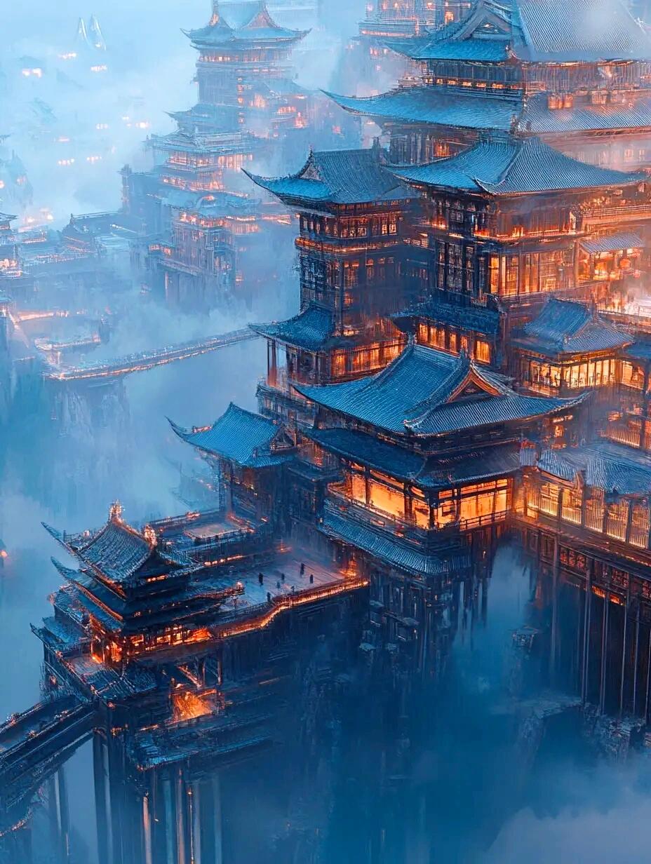 给古建筑群换了青金兰的琉璃瓦屋顶!挺惊艳