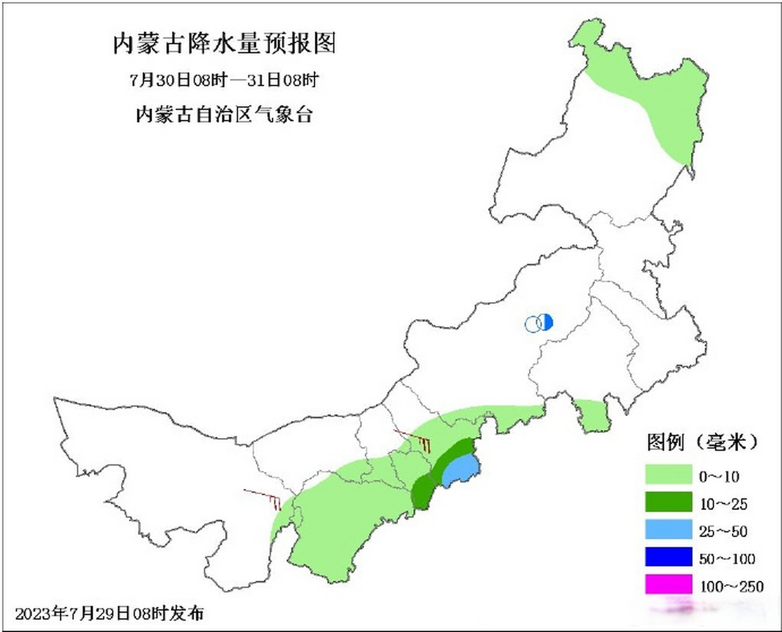 内蒙古未来三天天气预报(7月29日)  29日08时至30日08时 我区西部偏