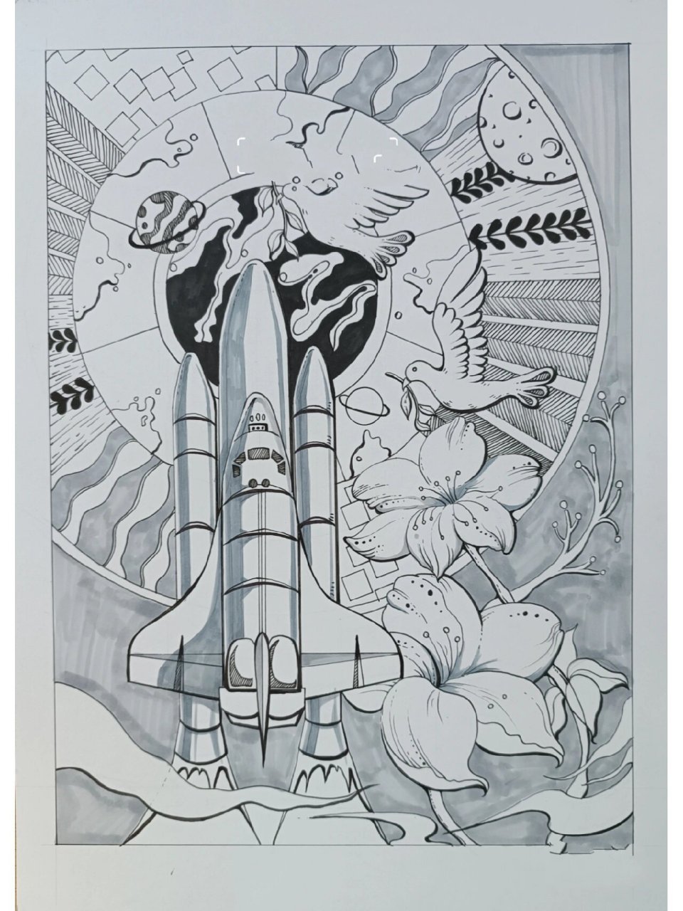 黑白装饰画 科技,战争与和平方向 (火箭飞船 和平鸽 鲜花 星球 装饰性