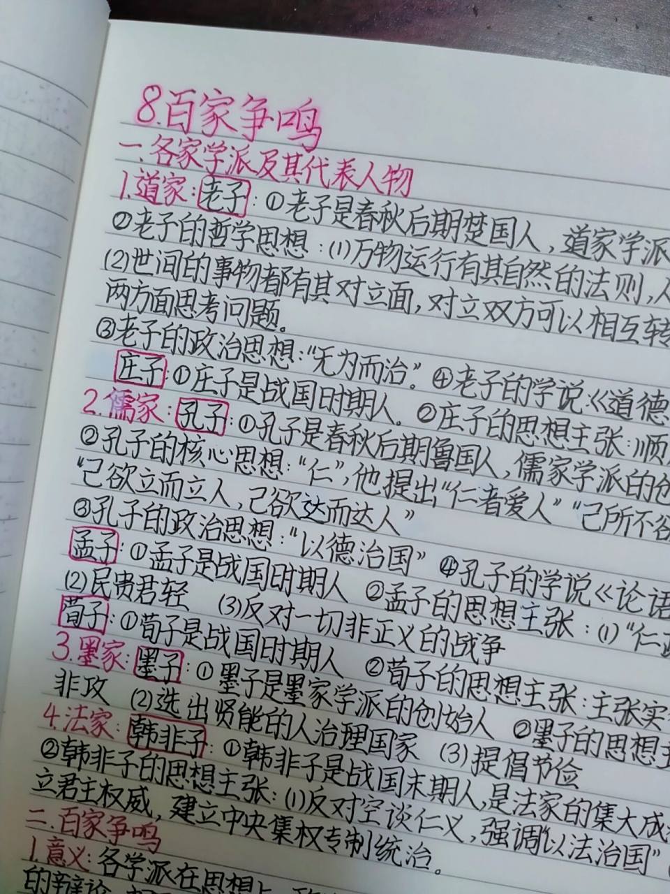 七年级上册历史笔记 ,第二单元 第8课百家争鸣