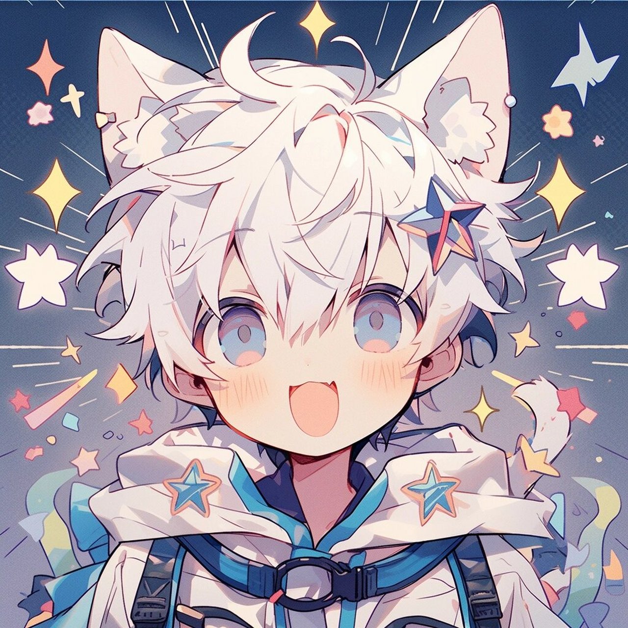 动漫男生头像|白发亮闪闪的猫猫男主 图片头像均由midjourney77后期