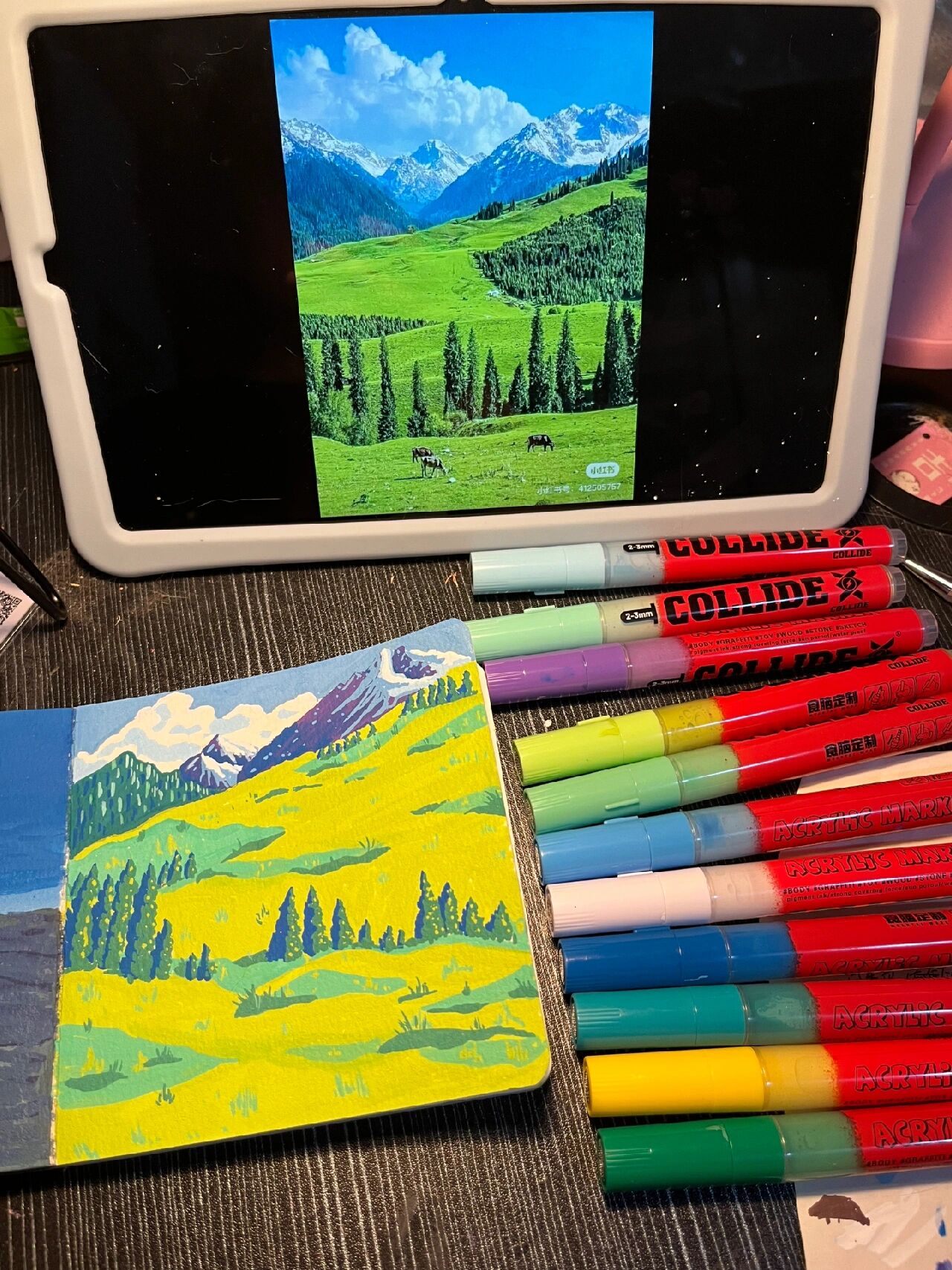 丙烯马克笔画 草地与山峰