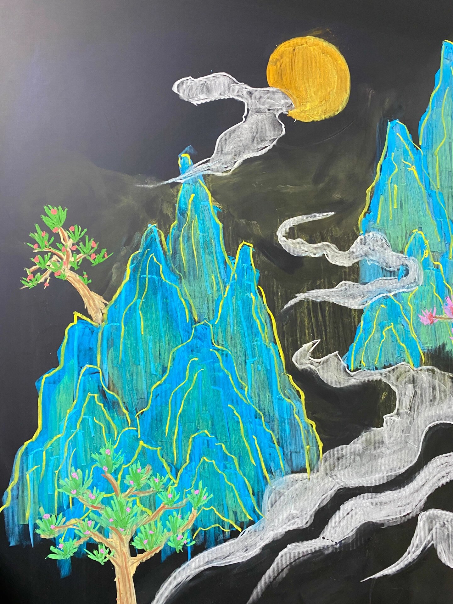 青绿山水粉笔画 黑板报素材