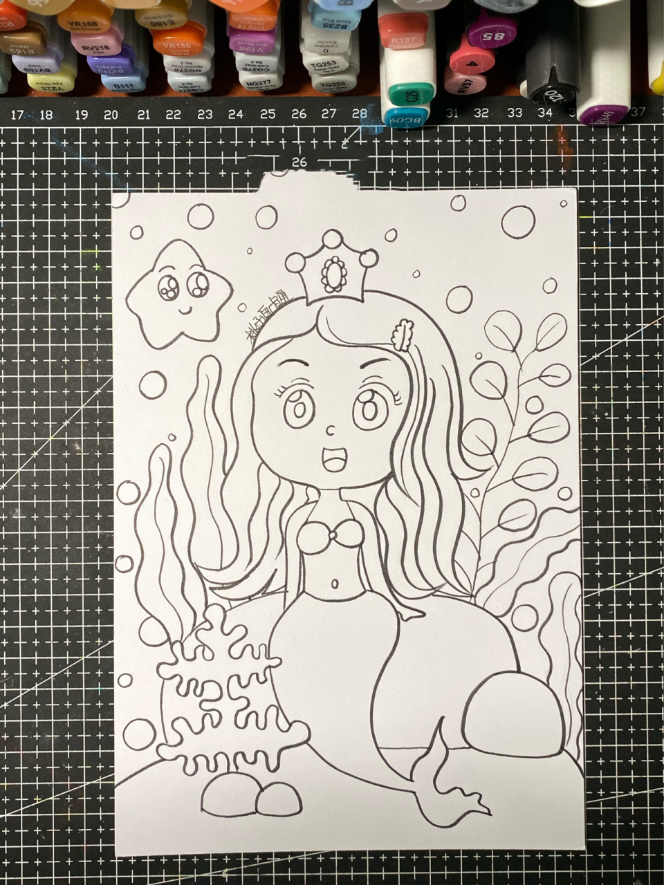 儿童画|《美人鱼》|马克笔过程 临摹美人鱼  纸:a5荷兰白卡 勾线笔