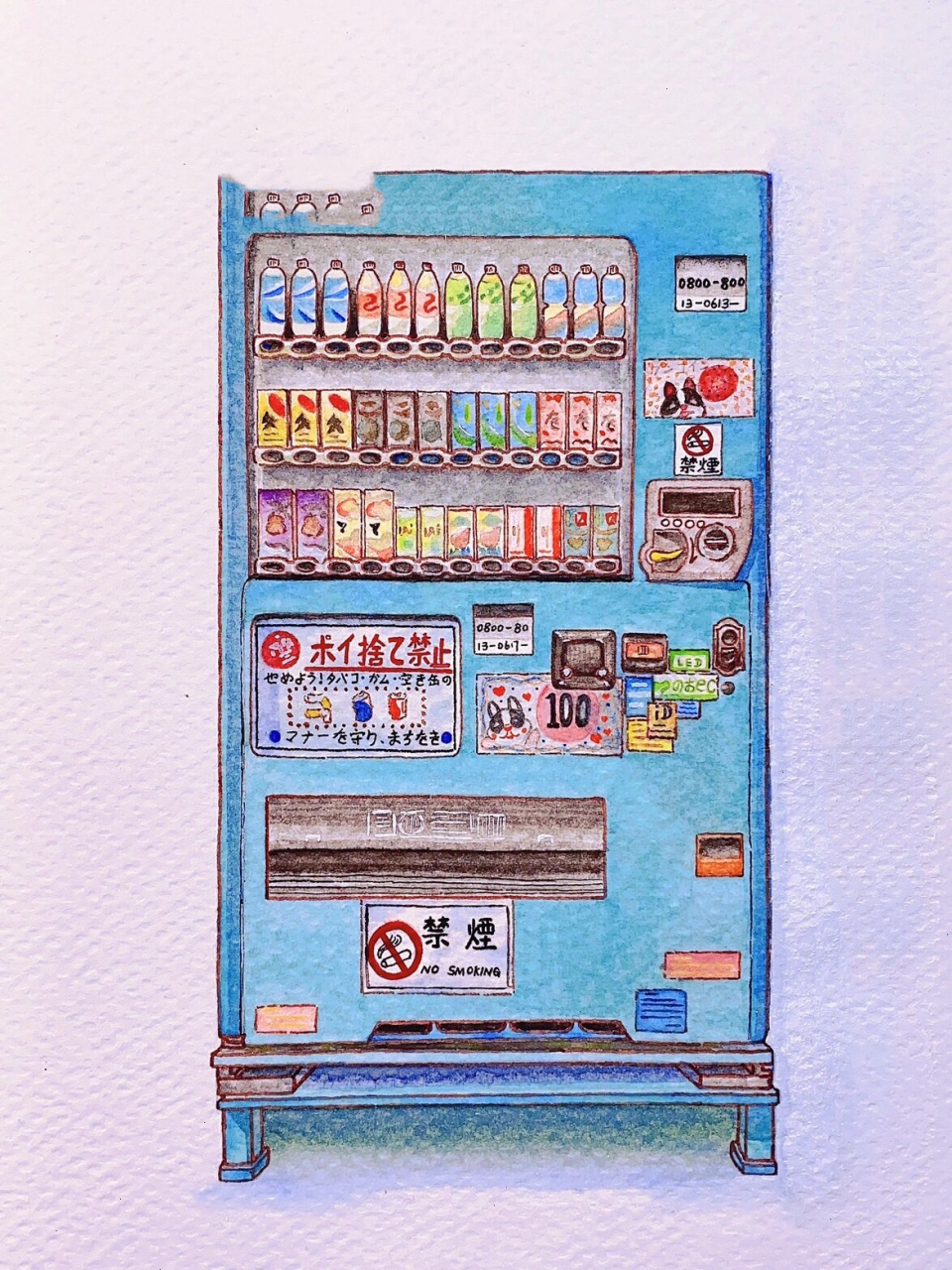 适合新手画的自动售卖机•线稿•钢笔水彩 摸鱼的日子,粘在售卖机