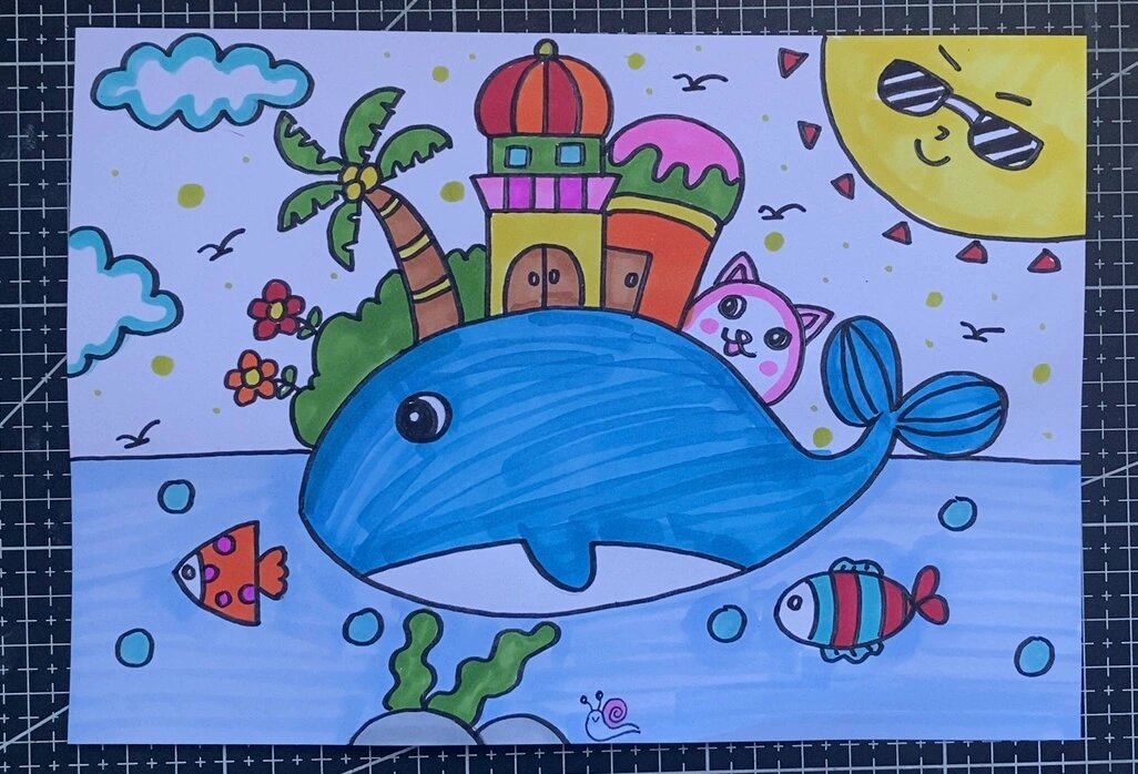 鲸鱼 岛屿 儿童画 房子 海边卡通画