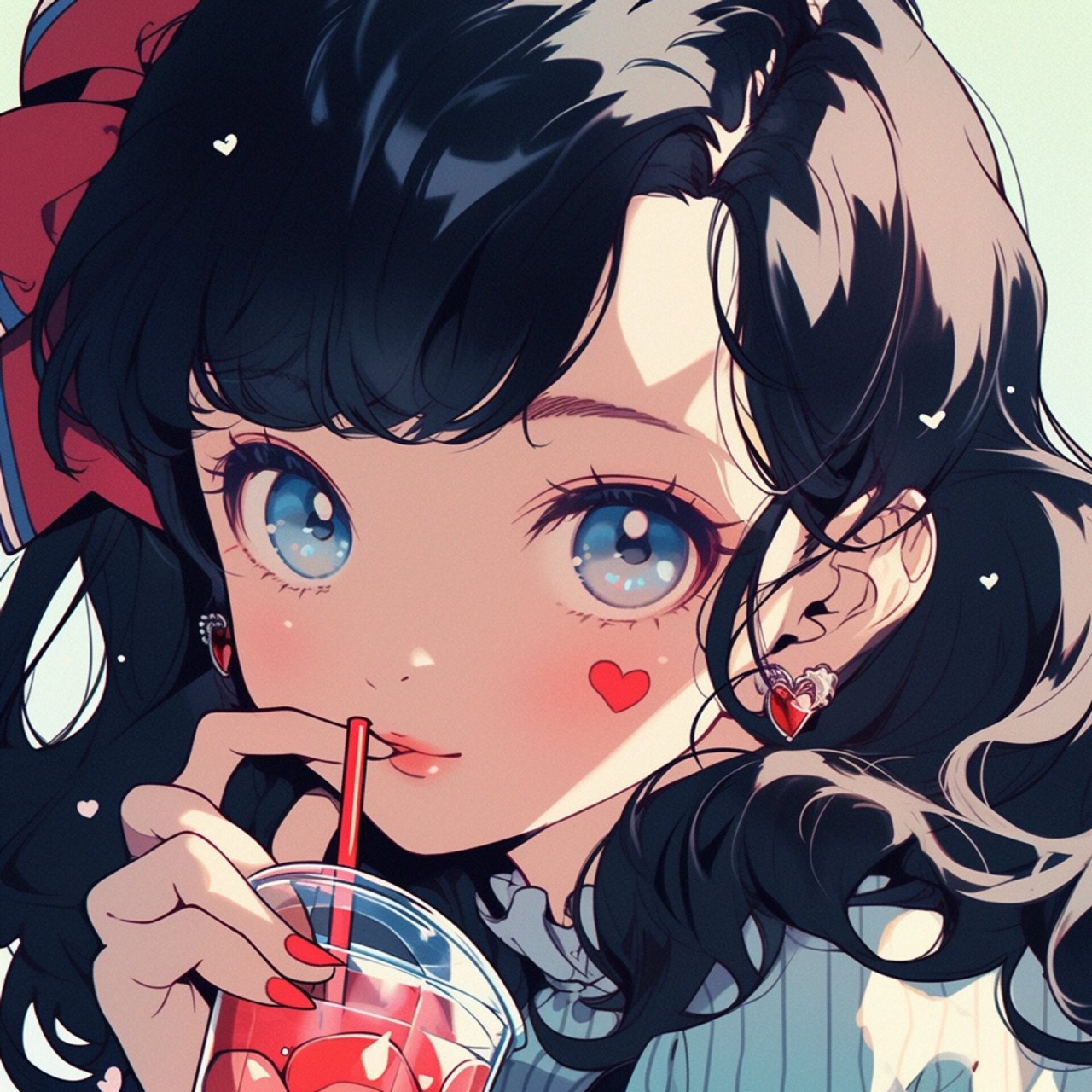 旧漫风女生喝饮料头像 1970s anime, a cool and cute girl, close up