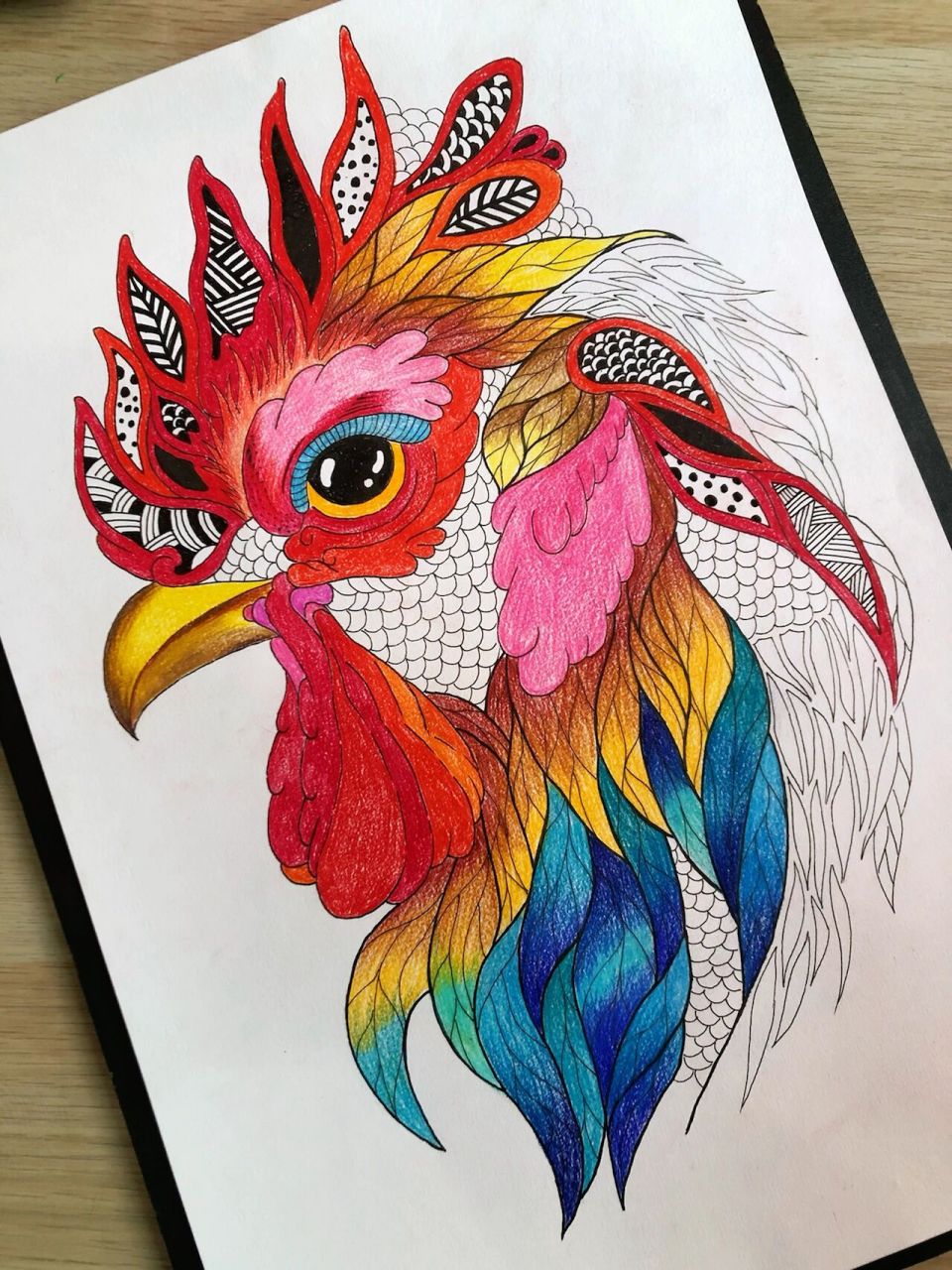 94公鸡打鸣喔喔喔|儿童画创意美术线描彩铅 大公鸡喔喔喔,爷爷带我