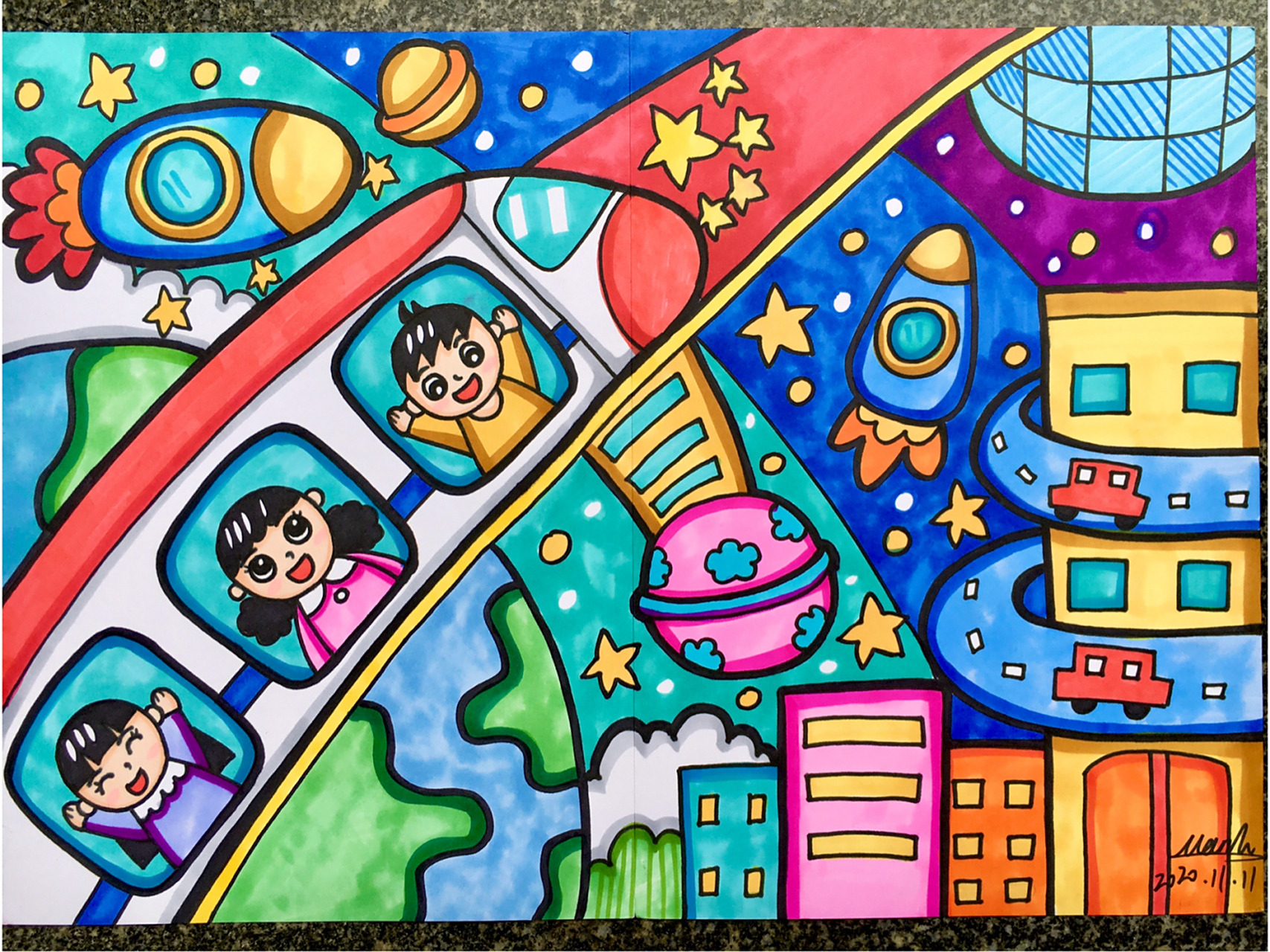 【未来宇宙城92】马克笔创意儿童画卡通画备 此作品含线稿图 材料