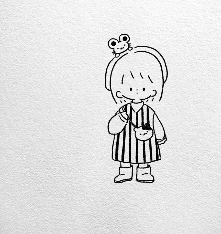 黑白简笔画丨可爱布丁狗女孩简笔丨附过程 ♡春日里的可爱布丁狗