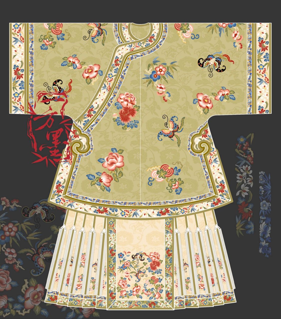 未授权清汉女袄裙服饰 复原二创纹样,元素有蝴蝶梅花竹叶牡丹菊花瓜果