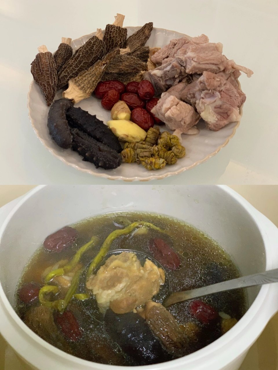 养生汤推荐之:羊肚菌石斛海参排骨汤 食材:排骨400克 ,石斛适量,海参3