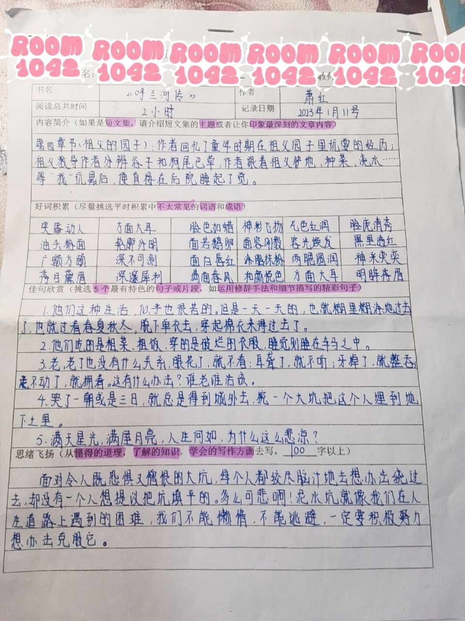《呼兰河传》好词好句摘抄 9315借鉴9315交作业9215止