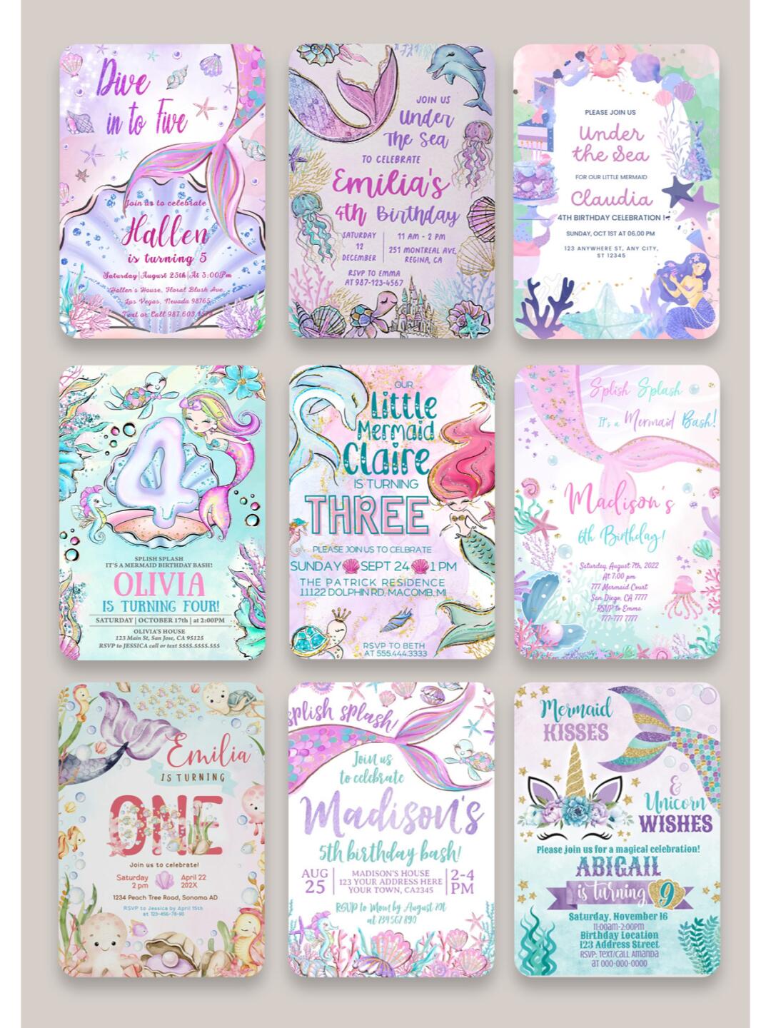 美人鱼邀请函星星月亮水彩邀请函生日邀请