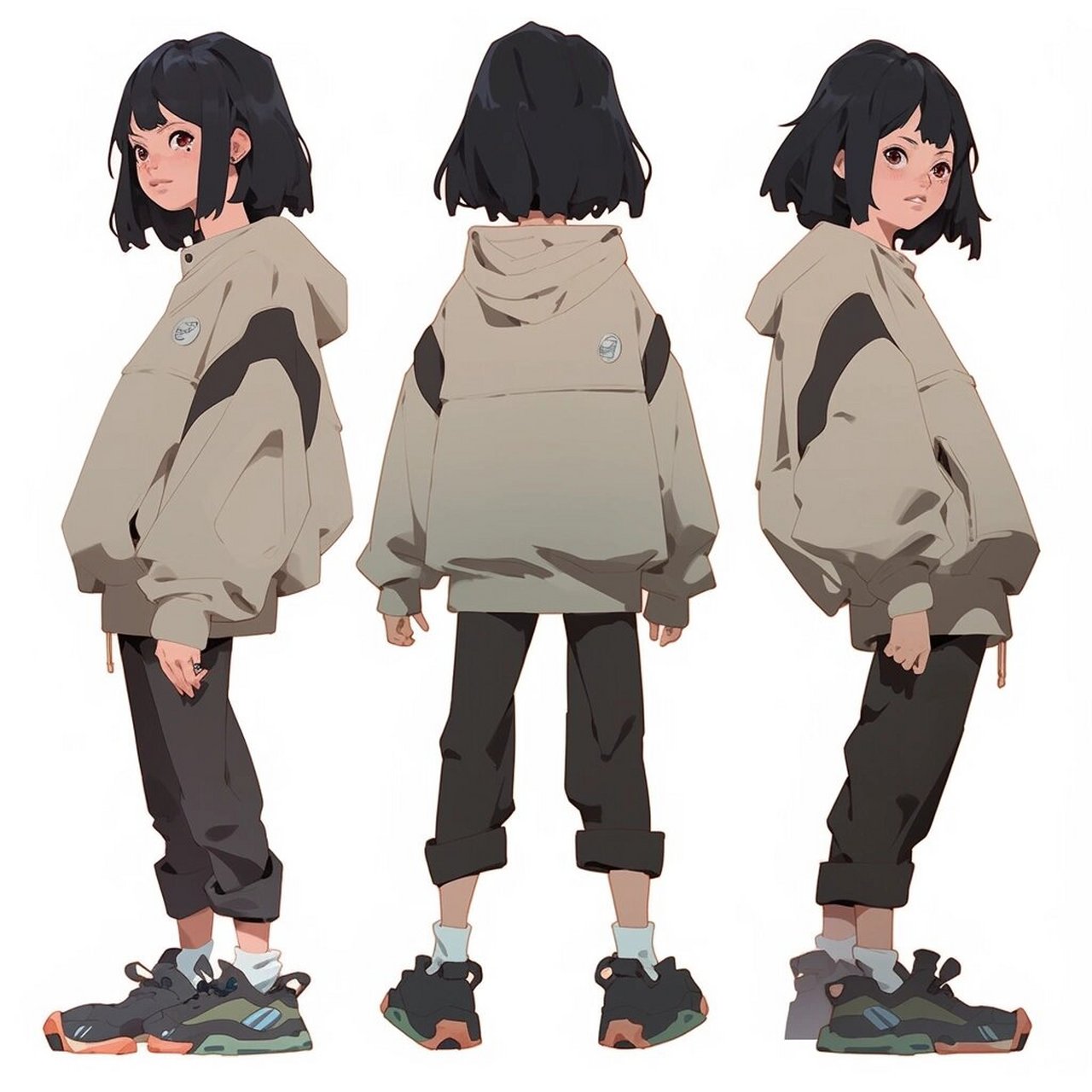 卡通人物设计三视图 咒语:character model sheet turnaround --style