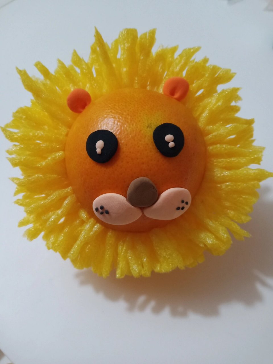 幼儿园的第一份作业,水果娃娃 用橙子做了个狮子,鬃毛是双面胶粘的