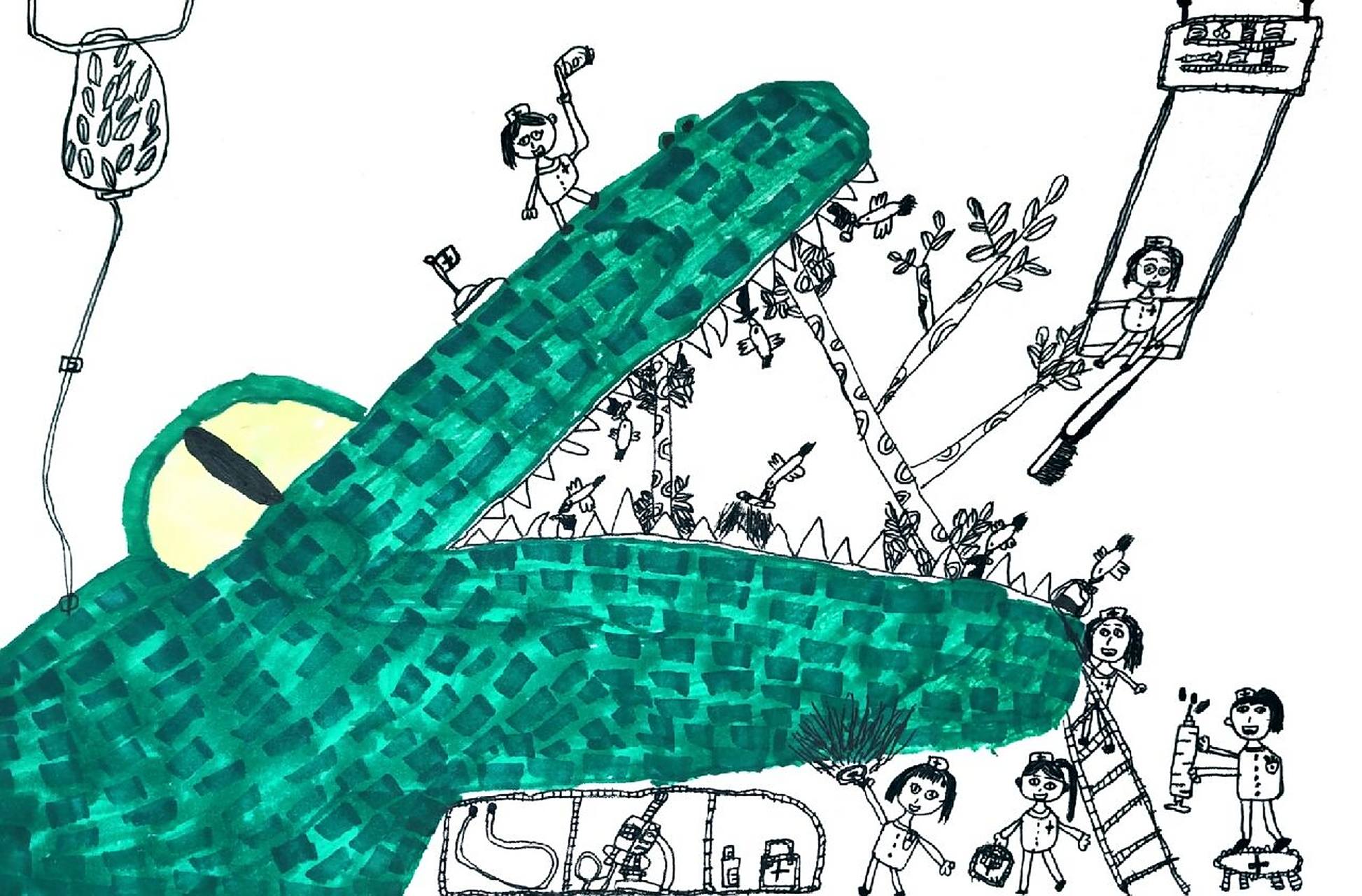 鳄鱼拔牙,整体一年级作品 日记画系列,这是一学期学到后期的课程.