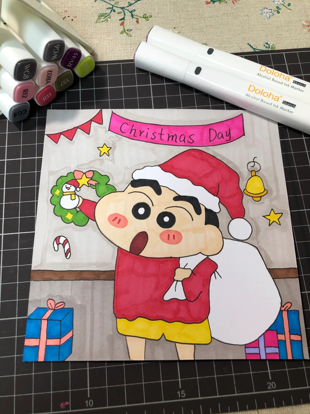 蜡笔小新圣诞主题卡通画,附步骤图