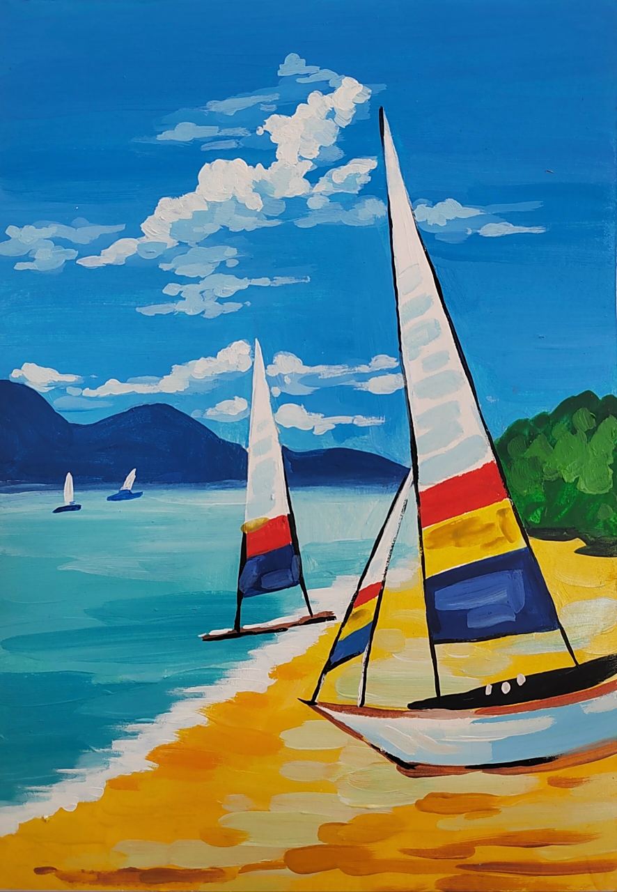 水粉丙烯风景画《海边帆船》 我想静静的呆在海边,吹着海风,看着日落