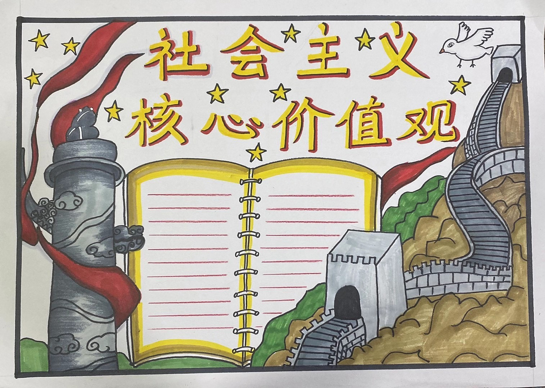 【原创】爱国手抄报 | 🇨🇳社会主义核心 分享一张娃作品,出构图