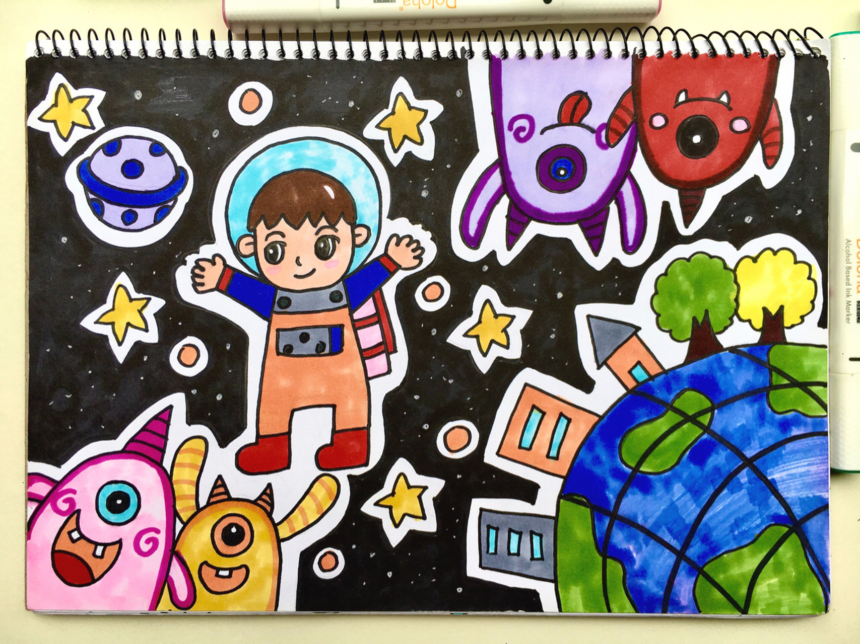 【太空遨游996904】马克笔手绘儿童画备课创意 部分作品含线稿