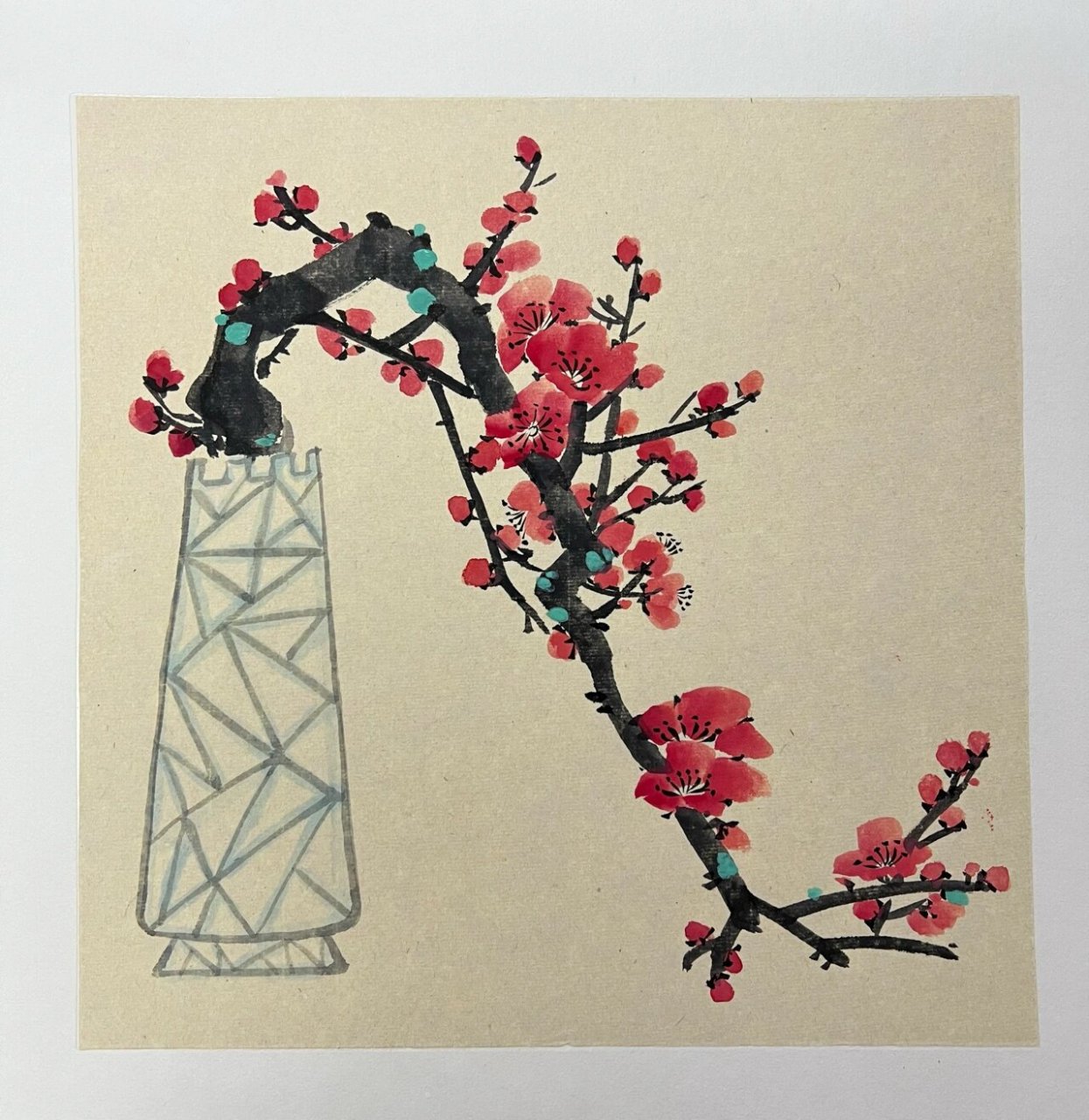 国画梅花教程,步骤   梅花:朱砂,曙红,胭脂 枝干:淡墨,浓墨,三绿 花瓶