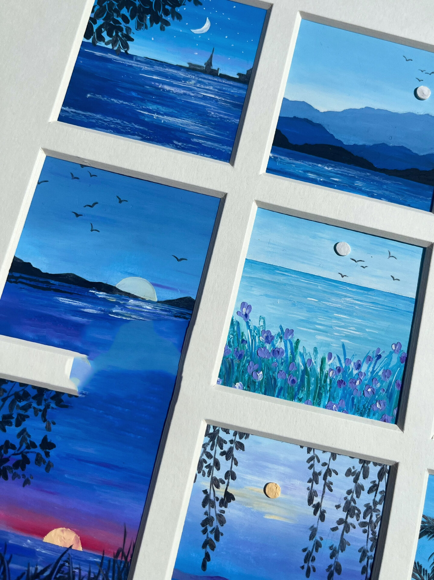 油画棒」97蓝色系日落大海 | 九宫格 去海边吧 海边有风 也有日落
