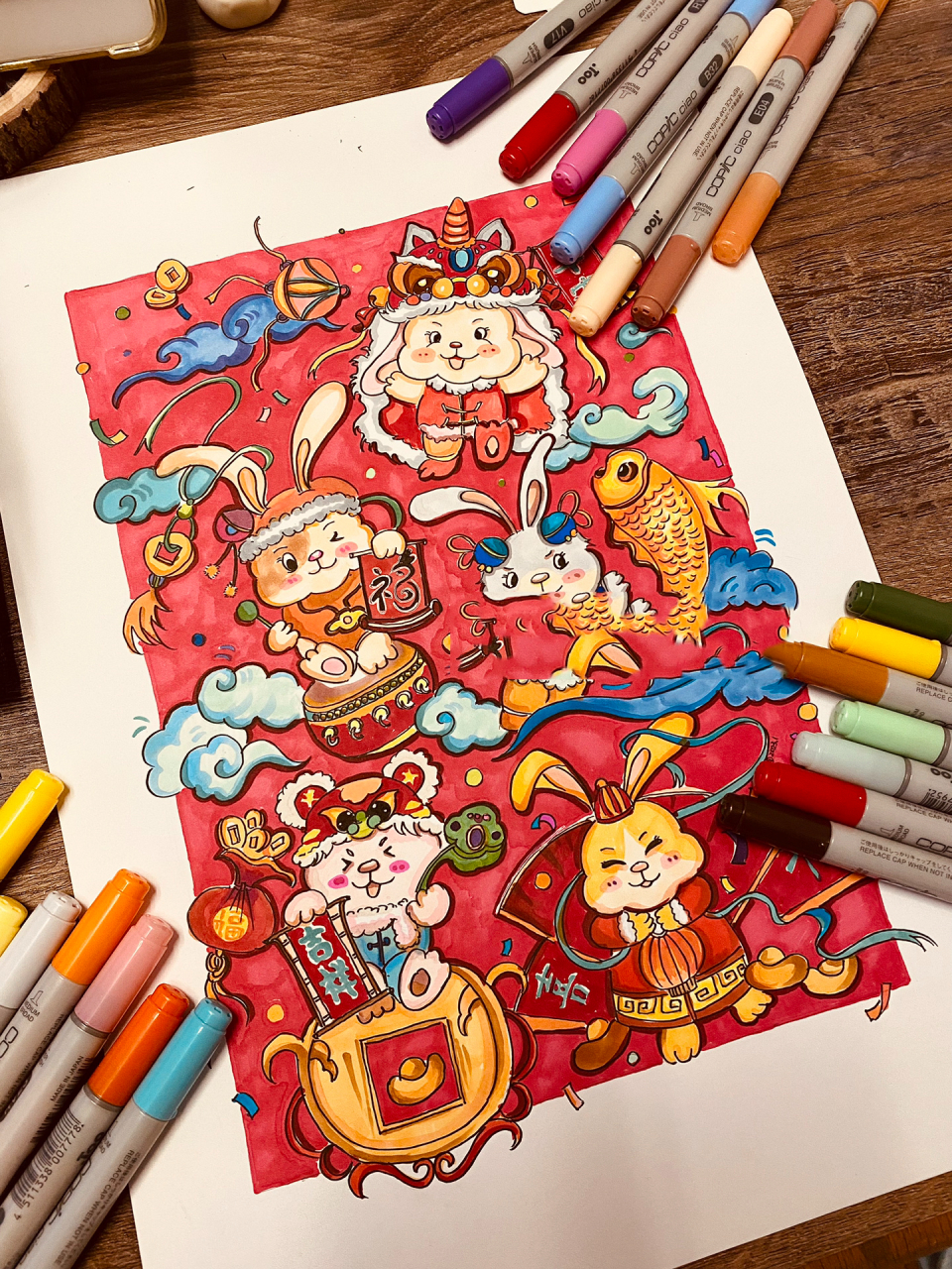 马克笔手绘922023年新年兔子主题插画附线稿 最近迷恋画兔子… 祝有