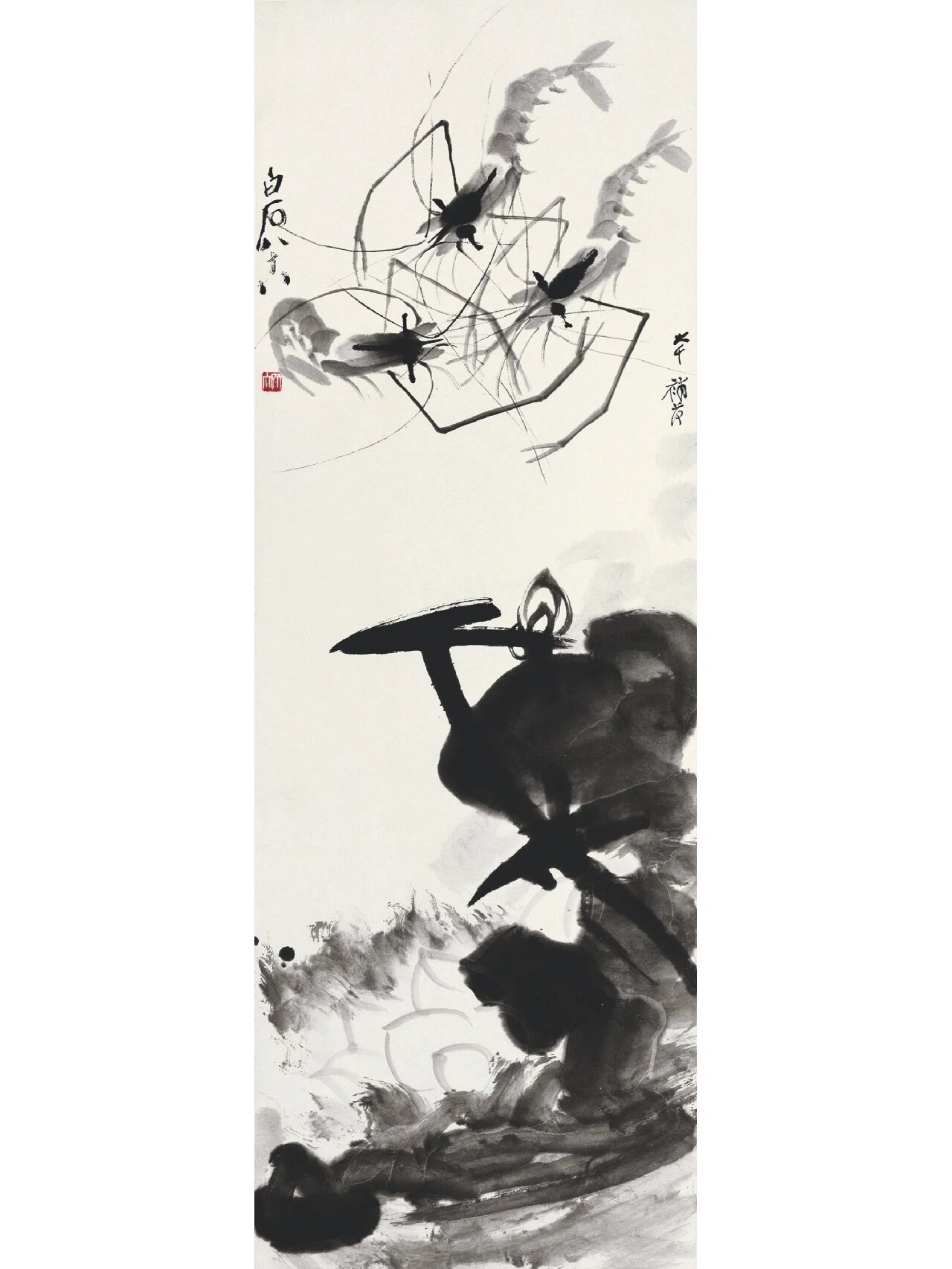 徐悲鸿纪念馆现藏有两件虾荷图齐白石张大千