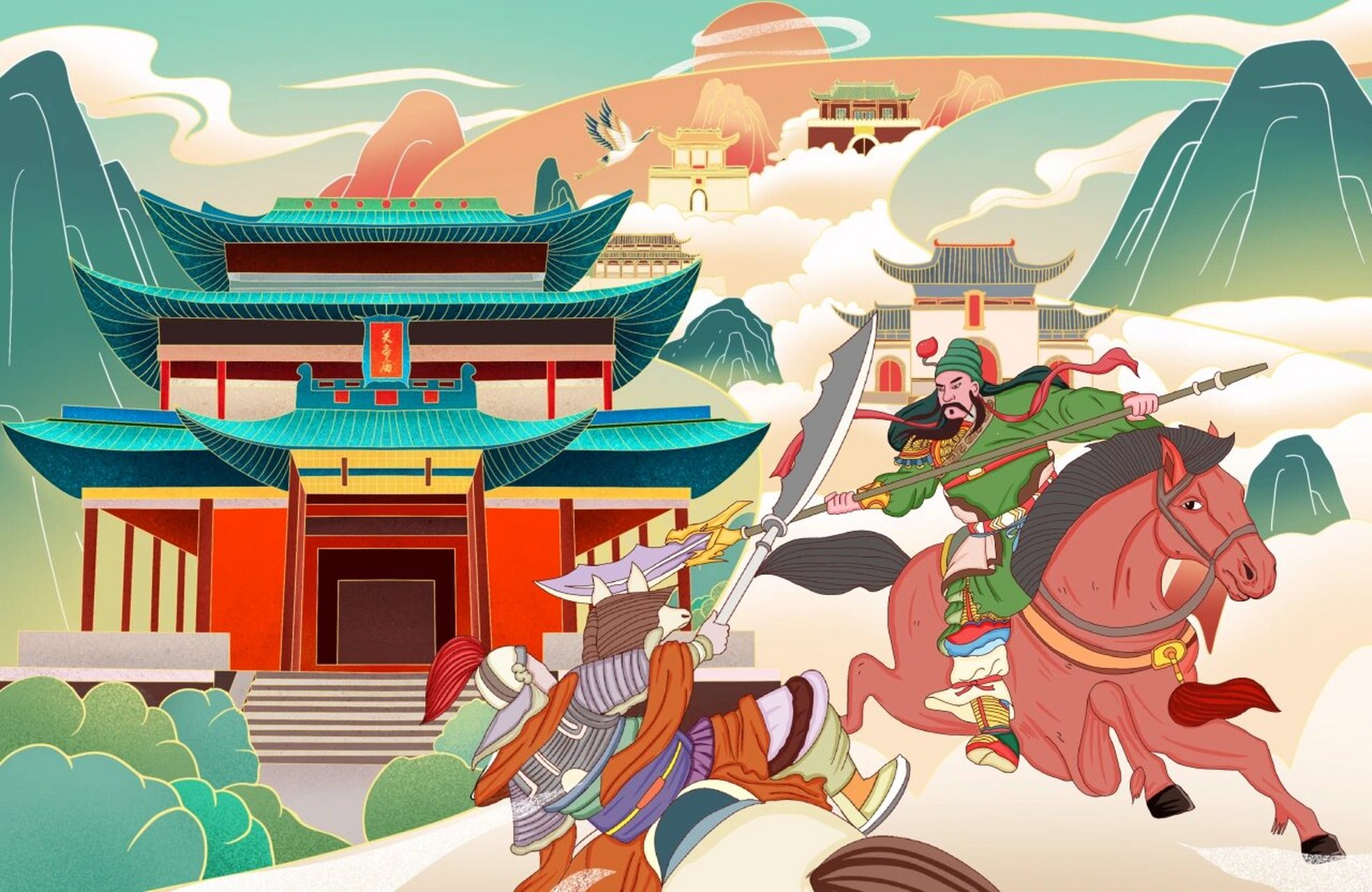 国潮插画 关羽过五关斩六将 谁会贴样机,周边做一个延展啊,555,只会画