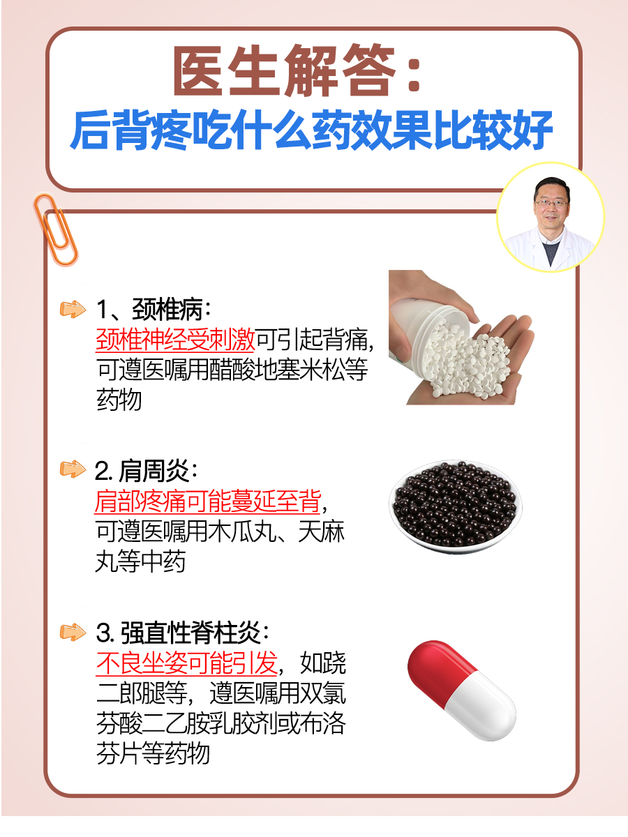 以下是几种常见的背部疼痛病因及其相应治疗药物: 颈椎病:颈椎神经向