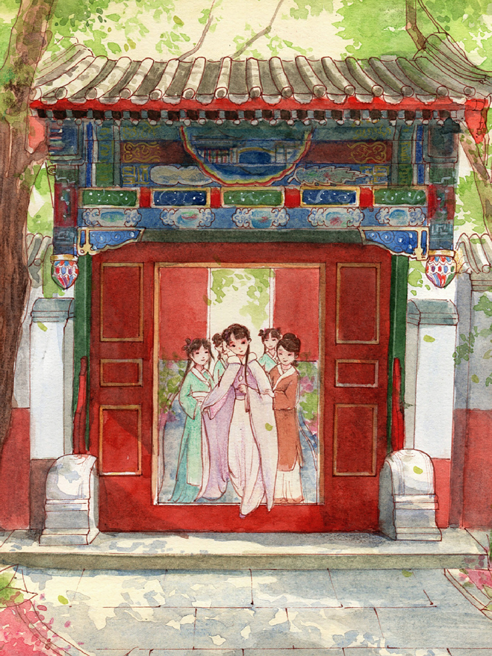 黛玉进府 | 水彩 | 红楼梦插画 荣国府是一个非常大,非常美的大宅院.