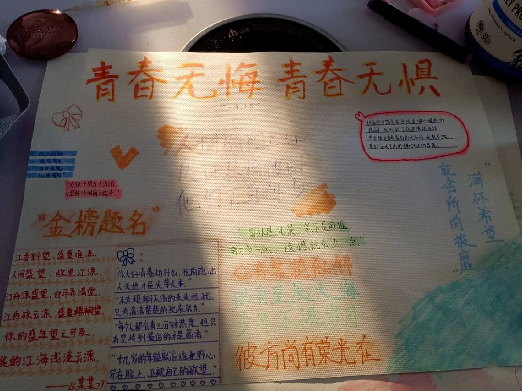 老师让我们做关于青春励志的手抄报,就马上想到了《某某》!