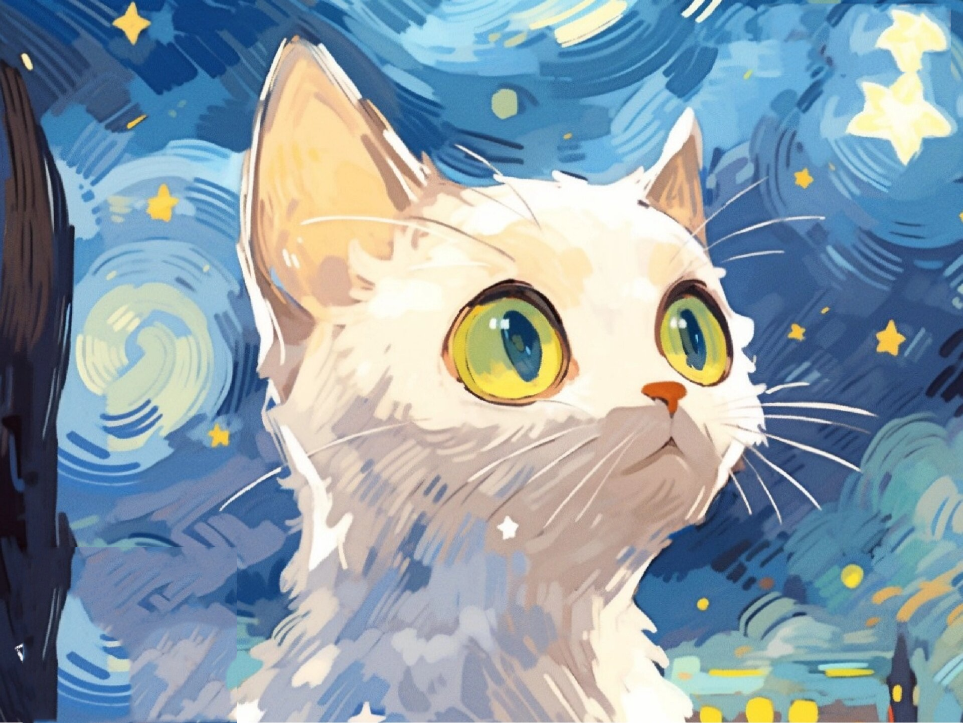仰望星空|油画风白色猫咪ipad壁纸 当你仰望星空的那一刻,会想些什么