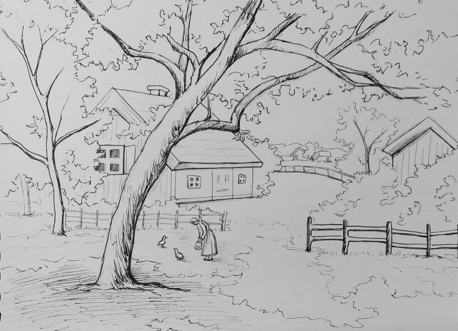 风景速写临摹步骤图 ①画出树与房子的布局和结构 ②画出前面的树干和