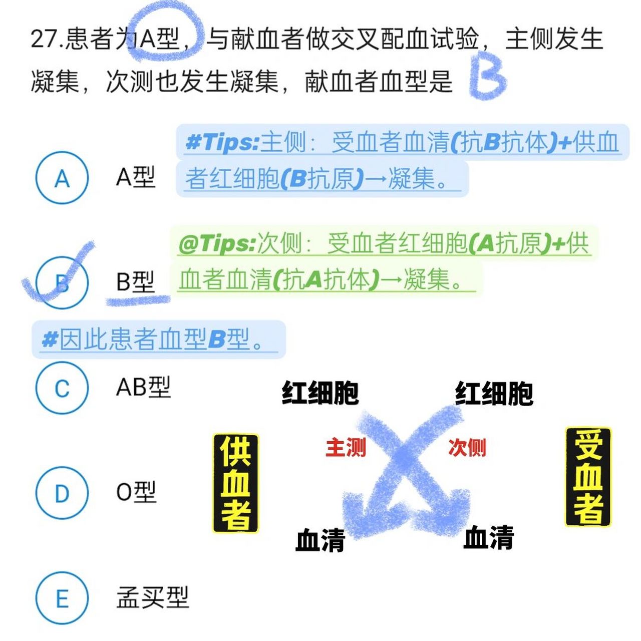 交叉配血试验 tips:受血者为a型(血清抗体为抗b抗体).