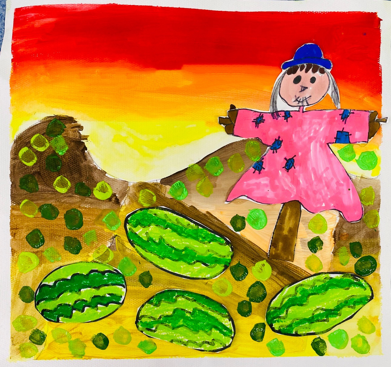 创意儿童画96《西瓜地里的稻草人》|6～7岁 目标: 1, 学习画面构图