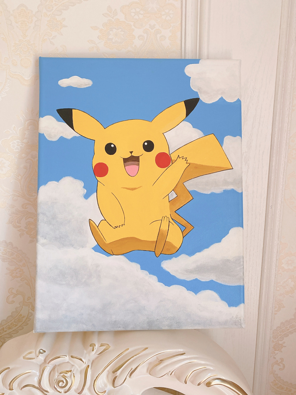 丙烯画|皮卡丘(附教程)|卡通装饰画 先大概画一下线稿,上黄色底色,再