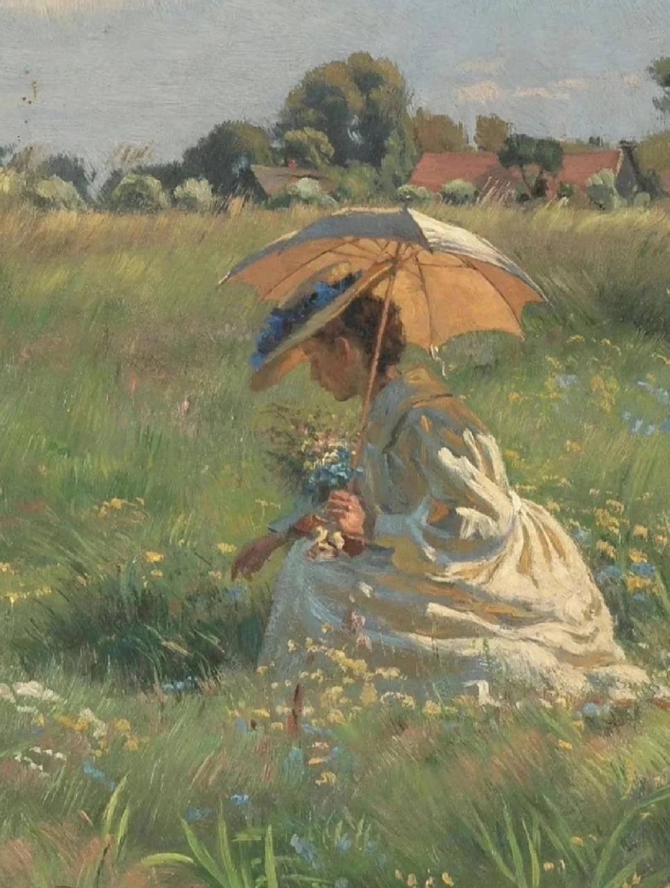 每天认识一幅世界名画一撑阳伞采花的女人 名称:撑阳伞采花的女人