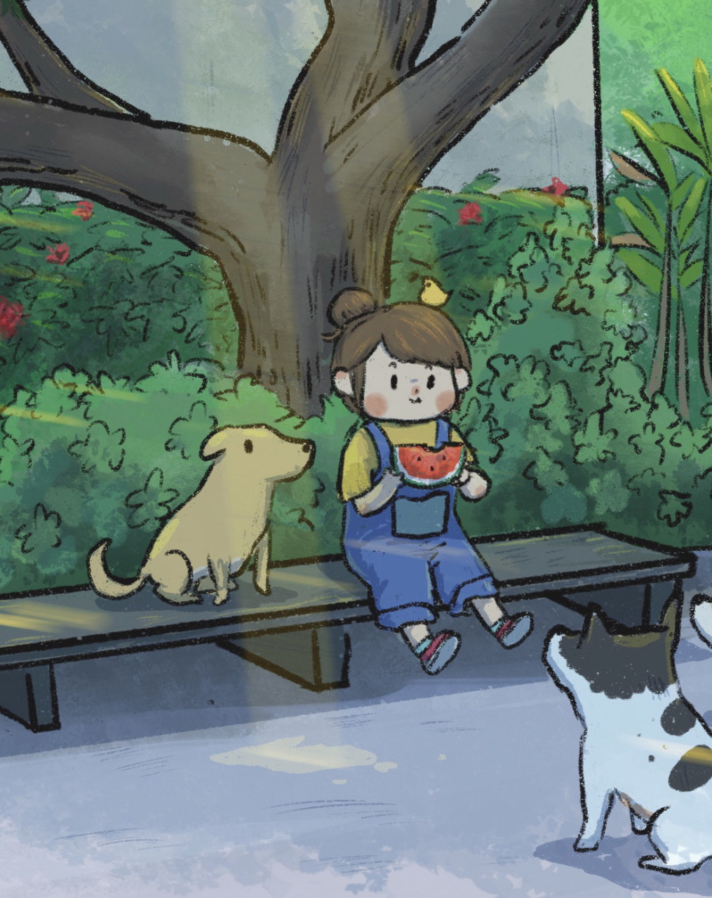 大树底下好乘凉91 今日分享插画《乘凉》 吃块冰西瓜消暑降温吧!